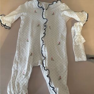 Little Me White Polka Dot Ruffle Footie with Pink Floral Embroidery